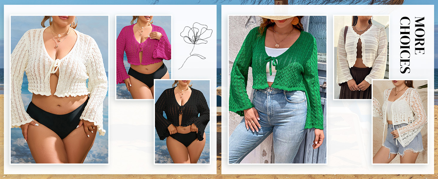 Plus Size V Neck Long Flounce Sleeve Tie Front Knit Crop Cardigan