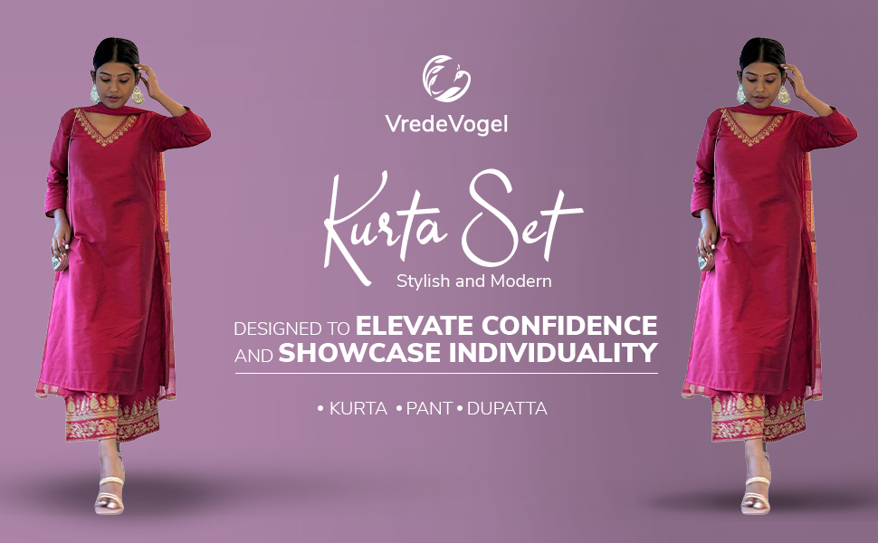 VredeVogel Women's Silk Blend Embroidered Straight Kurta with Palazzo & Nazneen Dupatta Set