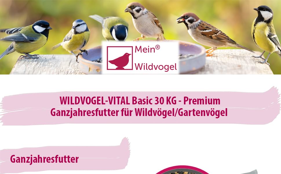 Wildvogelfutterpaket mit bunten Gartenvögeln, die auf einer Oberfläche sitzen. Produkt mit der Kennzeichnung als Ganzjahres-Premiumfutter für Wild- und Gartenvögel, 30-kg-Größe.