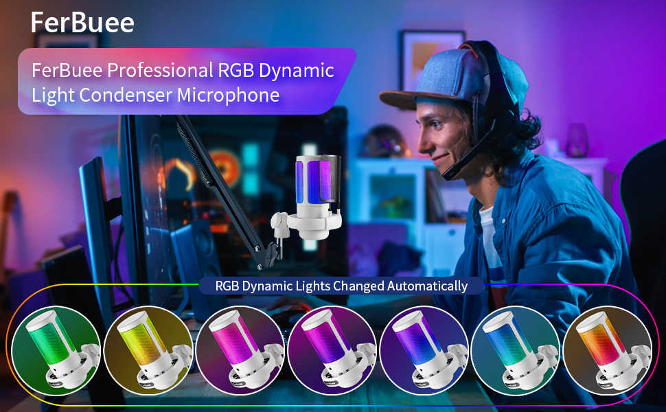 FerBuee USB PC Gaming Microphone with RGB Light. Condenser Microphone