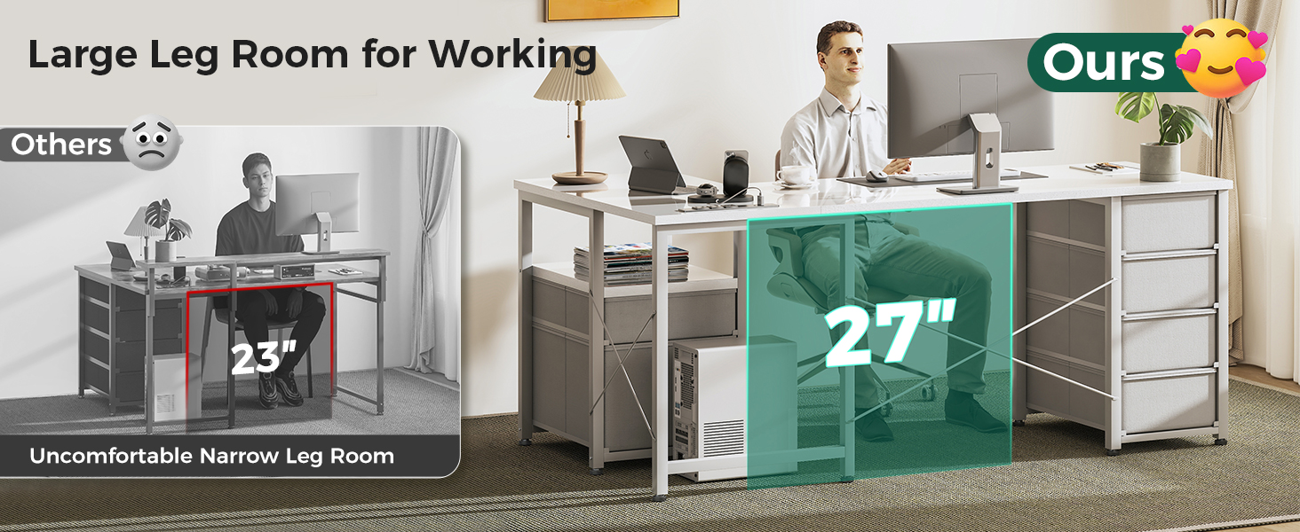 L shaped desk with 5 drawers and file drawer white 5