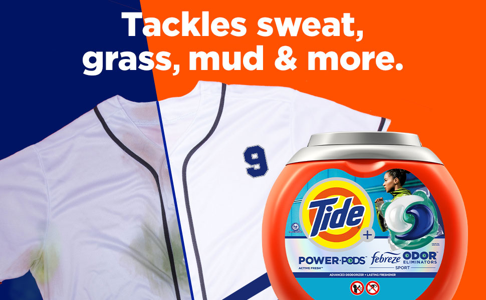 Tide power pods with febreze odor eliminators tackles sweat, grass, mud, & more