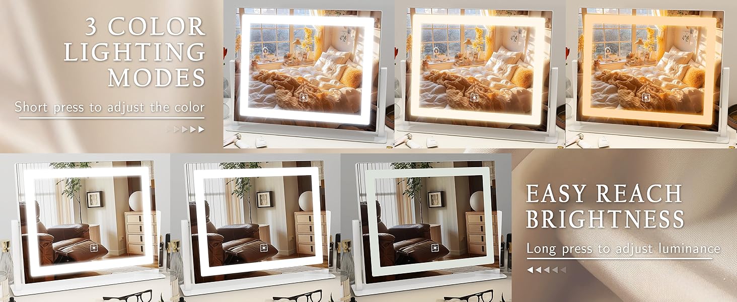three lighting effects mirror. Display can be dimmed from 10-100% infinitely