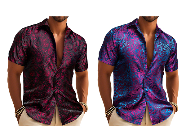 Amazon.com: Men's Silk Shirt Paisley Floral Jacquard Short