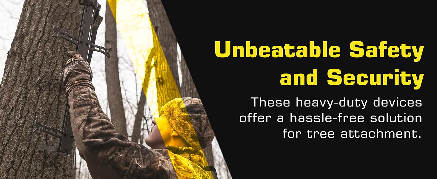 Man attaching ladder to a tree with text "Unbeatable Safety and Security" on a black background.