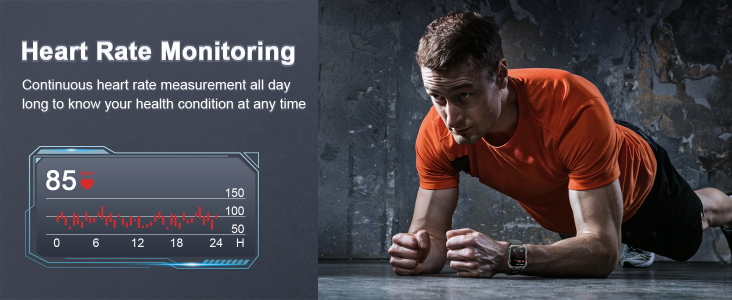 Digital heart rate monitoring interface showing graph with 85 BPM reading, alongside exercise activity monitoring visual.