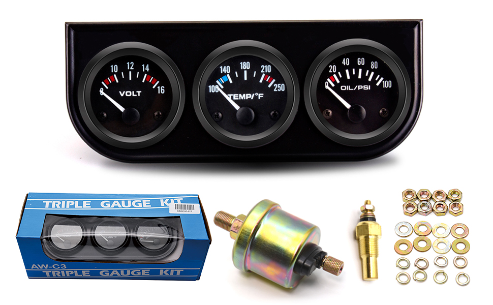 RTILAURA 52mm 3 in1 Car Auto Gauge Kit (Volt Meter+Water