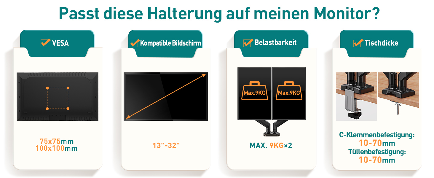 Monitor Halterung 2 Monitore für 13-32 Zoll Bildschirme mit VESA 75x75 100x100 9kg Gasdruckfeder Arm