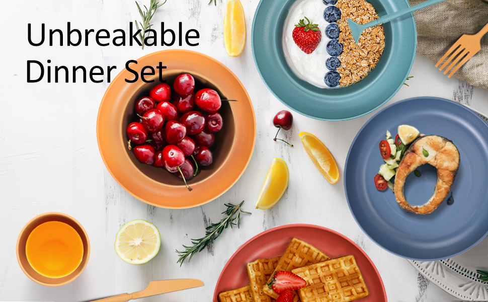 RHM 48Pcs Dinner Set for 4 Camping Picnic Plates Bowls and Cutlery