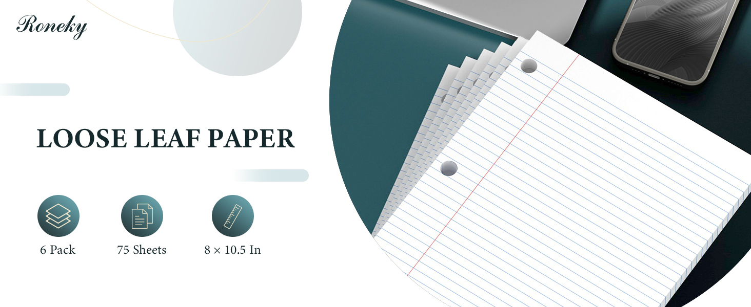 6 Pack Loose Leaf Paper 8x10.5 Lined Paper, College Ruled