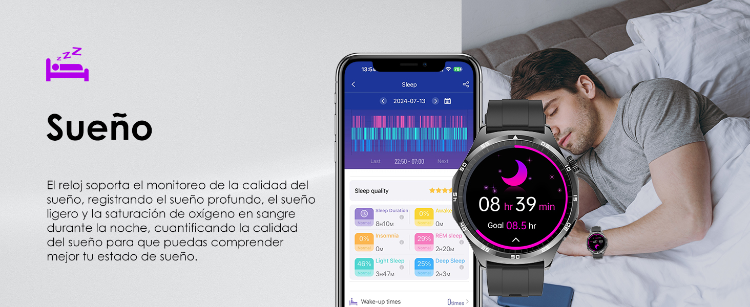 con pantalla colorida que muestra la hora y los datos de salud, junto a la aplicación para teléfonos inteligentes con un gráfico de seguimiento del sueño. Persona durmiendo en segundo plano