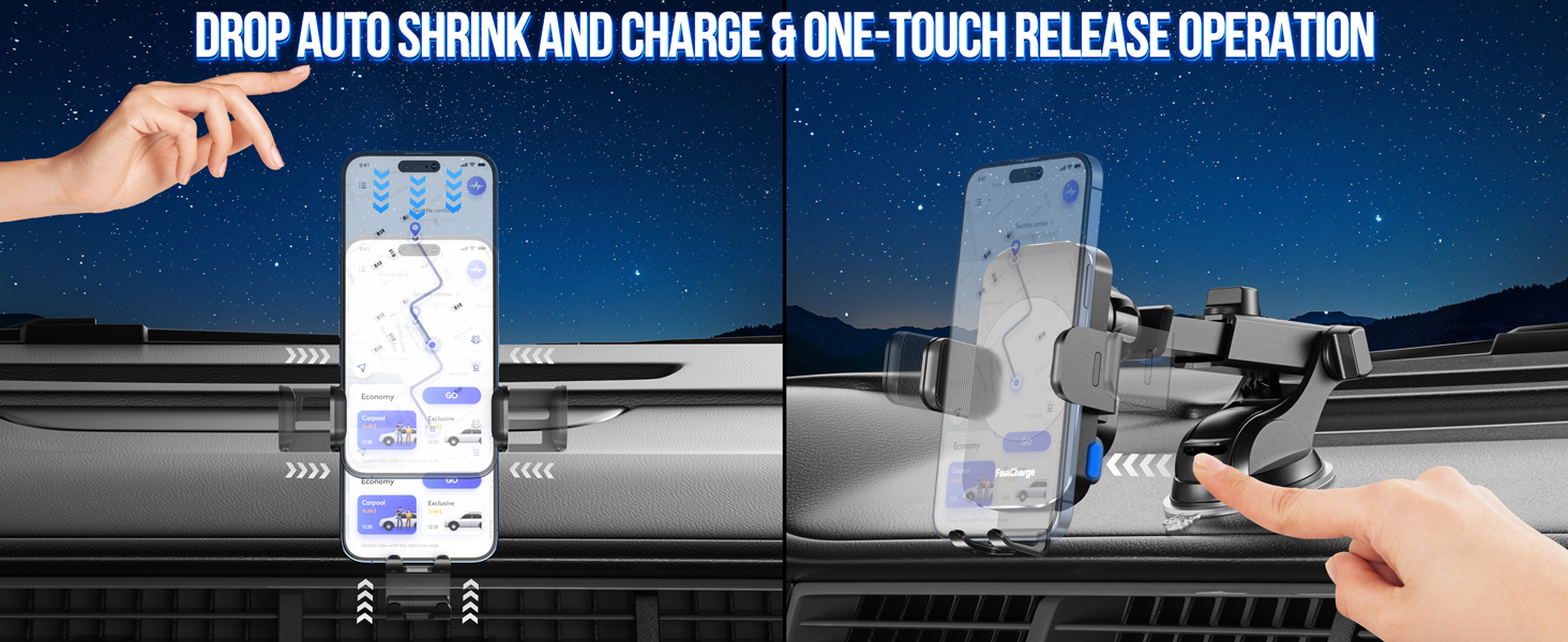 Car phone mount with automatic clamping mechanism, shown in sequence demonstrating one-touch release operation against night sky background.