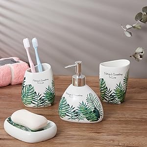 Irregular Shape Bathroom Accessories Set, 4 Piece Tropical Leaves Design Ceramic Bath Accessory Set