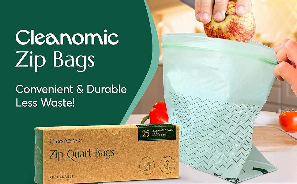 Cleanomic Compostable Quart Size Zip Bags, Quart Freezer