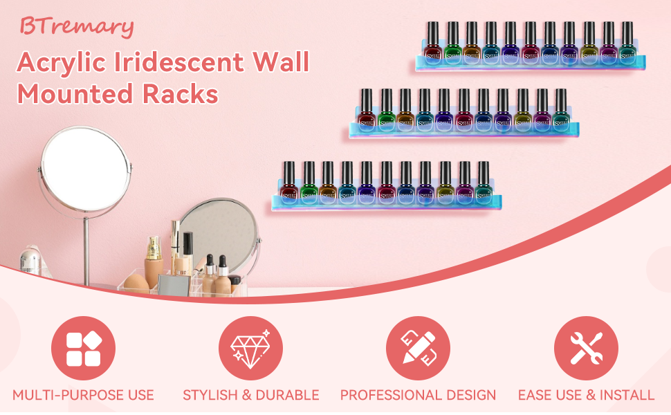 nail room decor, clear shelves for wall, acrylic shelves for wall