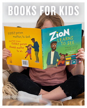 'Books for Kids' text with the book cover 'Zion Learns to See'
