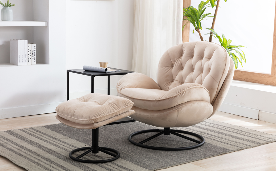 Velvet Swivel Accent Chair with Ottoman Beige