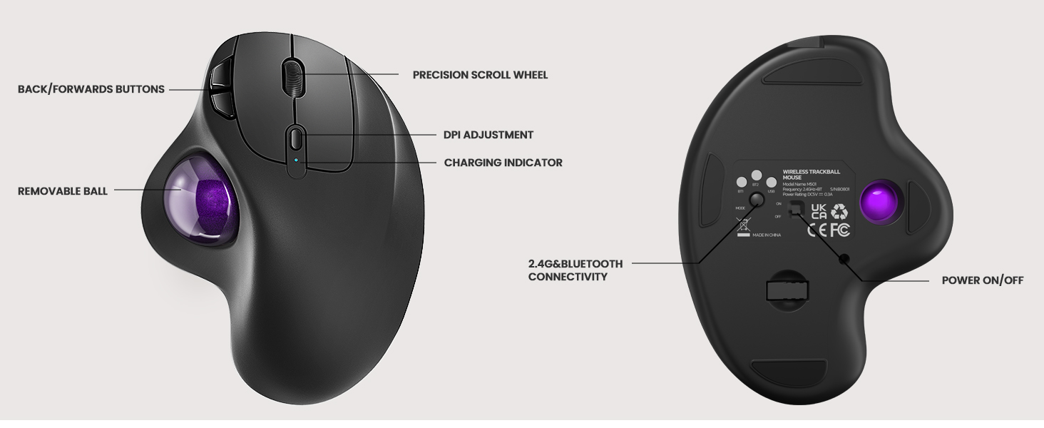 Wireless Trackball Mouse, Rechargeable Ergonomic Mouse, Easy Thumb