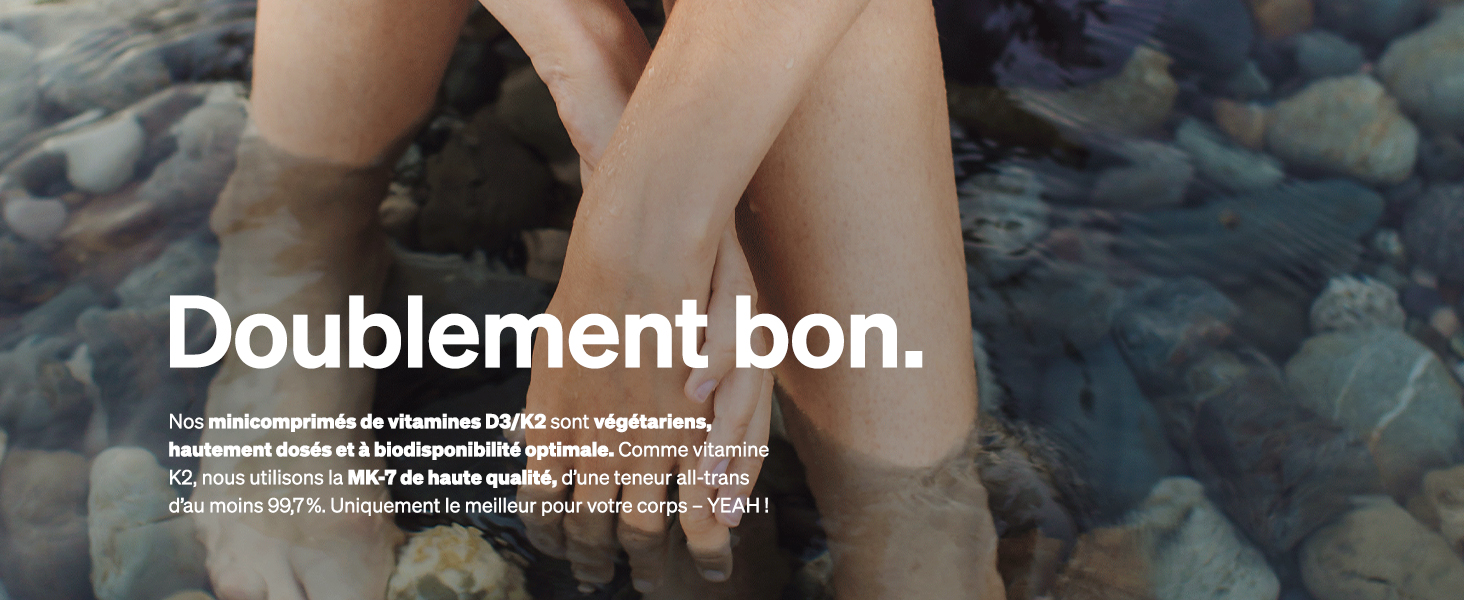 Gros plan de pieds sur une surface rocheuse avec le texte « Doublement bon. » superposé. L'arrière-plan montre des pierres ou des cailloux flous