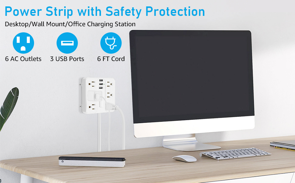 Flat Plug Power Bar, 6 FT Extension Cord with 3 USB& 6 Plug Outlet