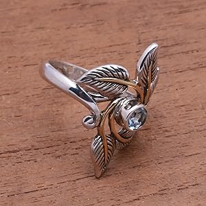 NOVICA Artisan Handmade 18k Gold Accented Blue Topaz Leafy Cocktail Ring From Indonesia