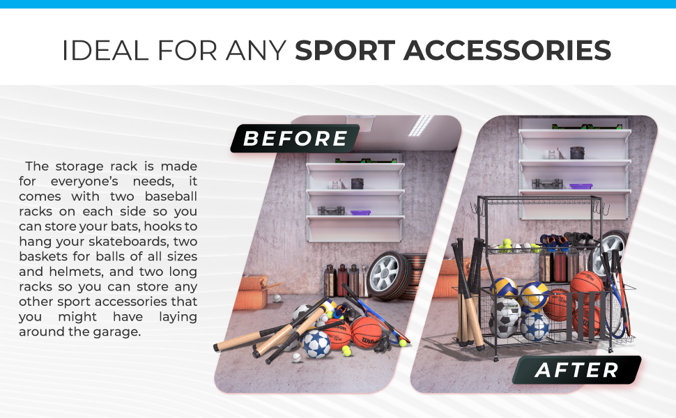 sports equipment storage organizer cart rolling hooks basket bicycle rack balls accessories rackets