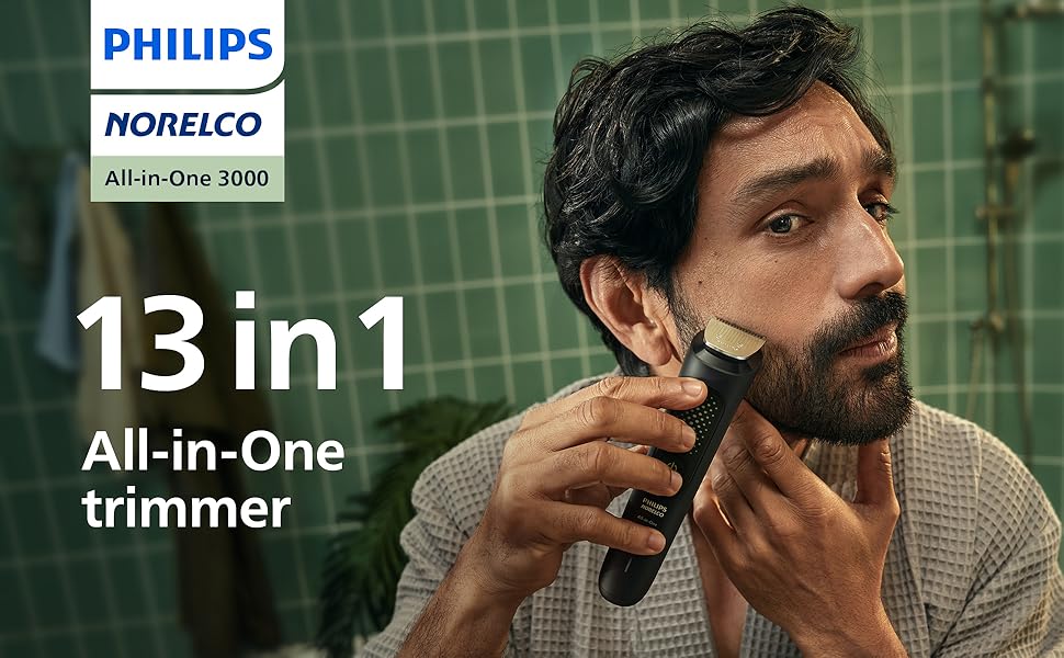 Man trimming his beard with the Philips Norelco All-in-One trimmer.