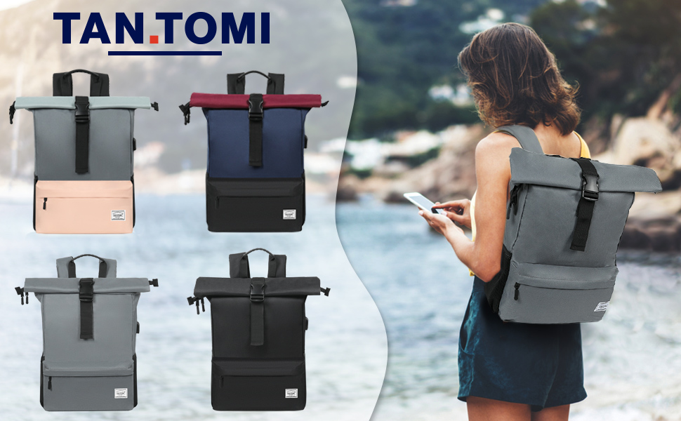 TANTOMI comprend quatre modèles à enroulement en gris, bleu marine, gris clair et noir. Femme utilisant un sac à dos gris au bord de l'eau.