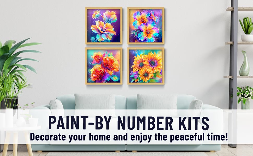4 Pack Framed Paint by Number for Adults Canvas Flowers