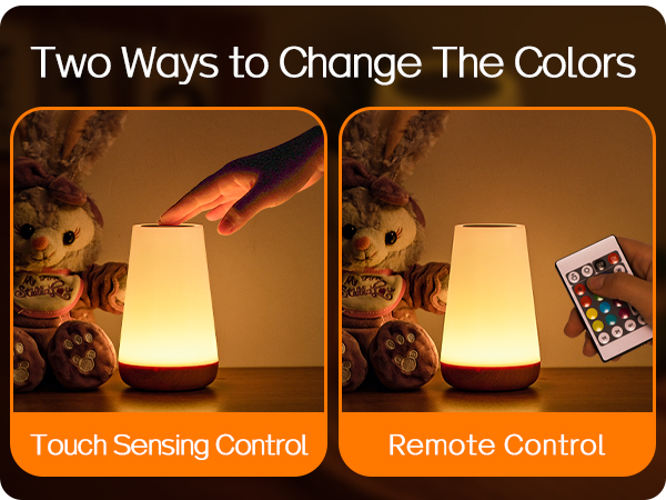 Dual-panel image of a table lamp with touch and remote control options for changing colors, showing warm light in a cozy setting with stuffed animals.
