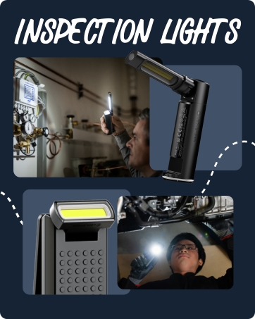 Portable inspection light with adjustable arm and bright LED panel. Product shown in use for automotive and workshop inspection tasks.