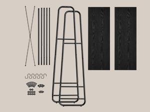 Összeszerelési ábra, amely egy magas, szabadon álló fémkeret vagy állvány alkatrészeit mutatja, az alábbi ikonokkal a termék specifikációit jelezve.