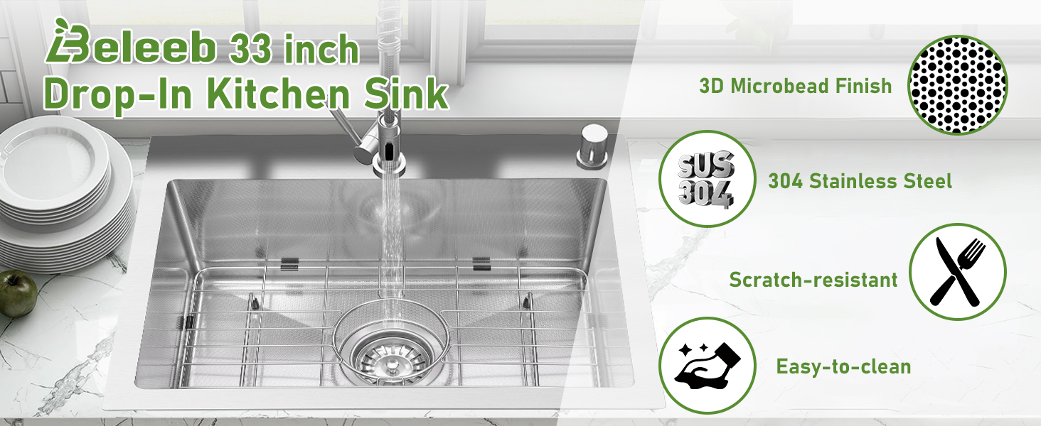 Beleeb 33 inch Kitchen Sink,3D Microbead Finish,304 Stainless Steel,Scratch-resistant,Easy-to-clean