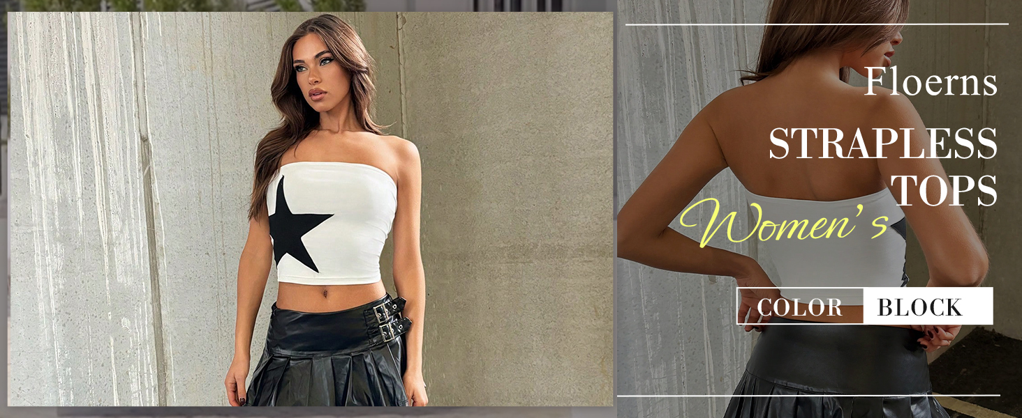 Women's Sleeveless Strapless Bandeau Star Print Color Block Cropped Tube Tops