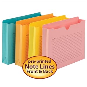 Smead notes file jackets, closeup of jackets, bright colors, preprinted notes lines