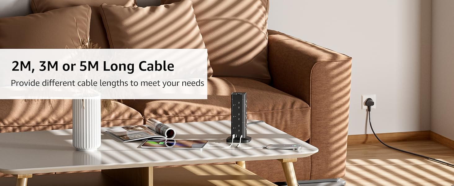 5M Tower Extension Lead with USB Slots, Hotimy 12 AC Outlets Surge