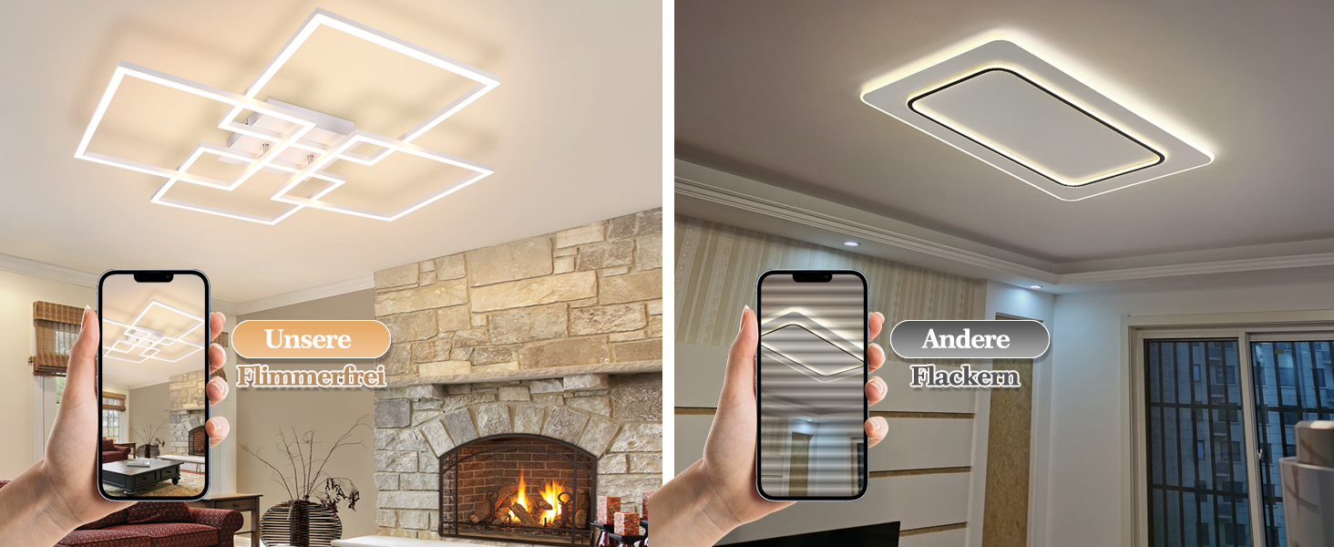 Zwei nebeneinander liegende Bilder moderner Deckenleuchten, die über Smartphone-Apps gesteuert werden. Links: Geometrische, sich überschneidende Quadrate. Rechts: Rechteckiges Design mit abgerundeten Ecken. Beide strahlen warmweißes Licht aus.
