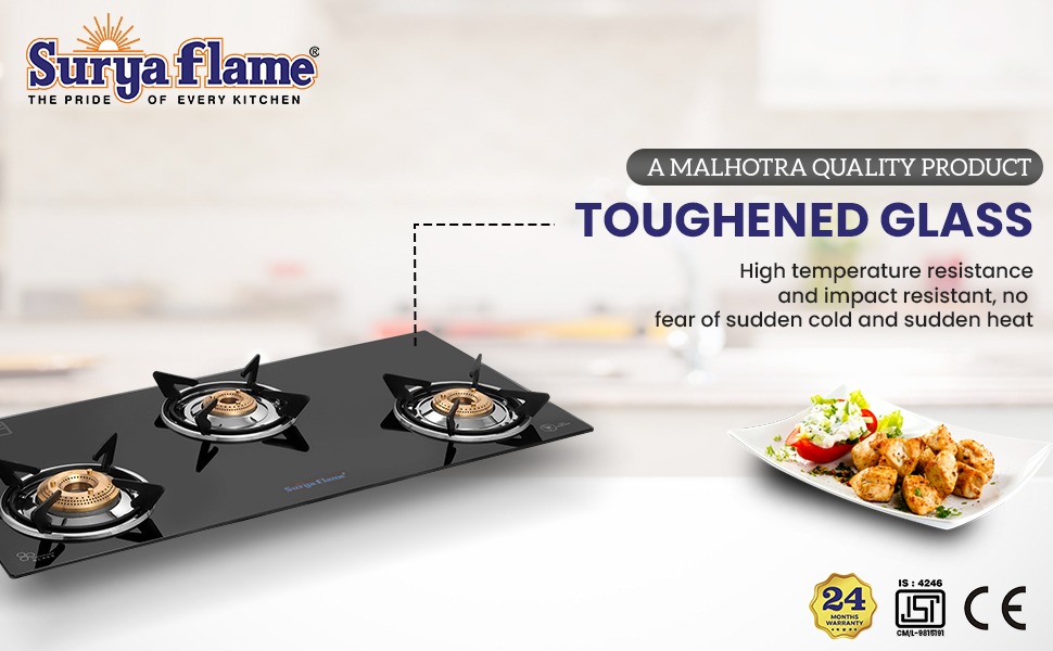 SuryaFlame Supreme Gas Stove 3 Burners Glass Top Stainless Steel Body