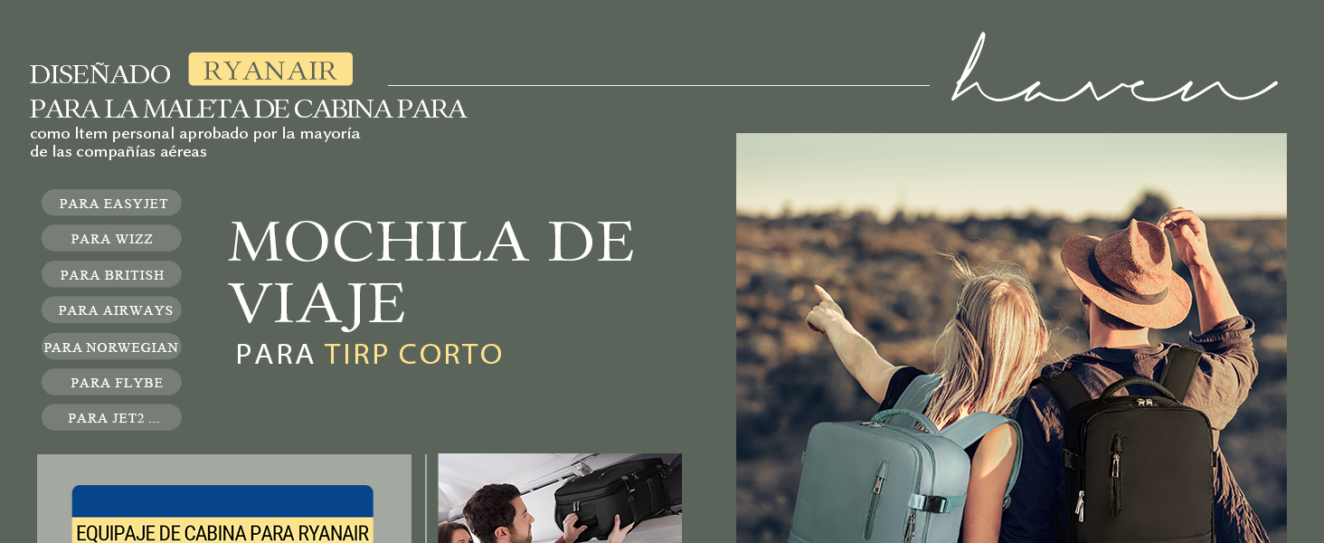 Diseño de página de producto para mochilas de viaje que muestra varias vistas de equipaje e imágenes promocionales sobre un fondo blanco.