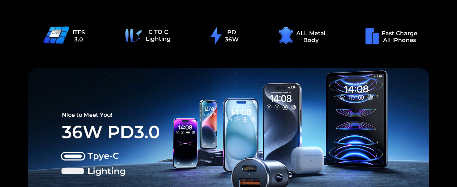 36W PD3.0 charging system display showing multiple devices and charging accessories with blue lighting effects against dark background.