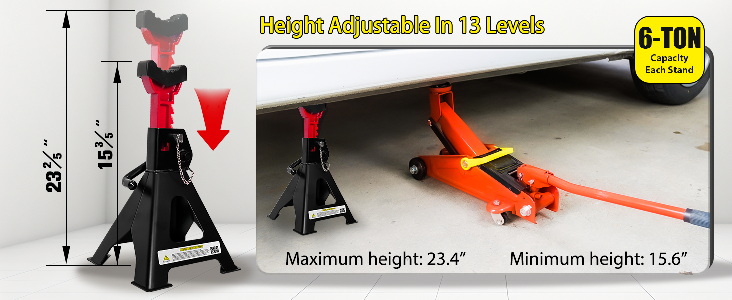 Jack Stands 6 Ton (13,200 LBs), 15.6&#34;-23.4&#34; Adjustable with Double Pin Locking
