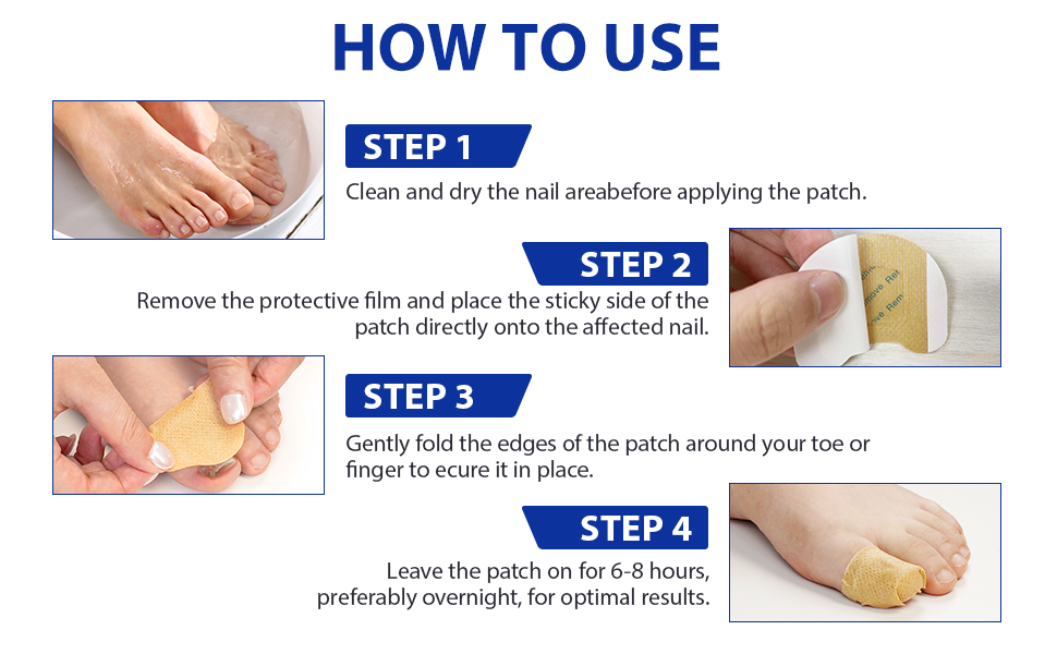 Text reads 'HOW TO USE' with numbered steps 1-4 showing foot patch application process through illustrated instructions with hands demonstrating each step.
