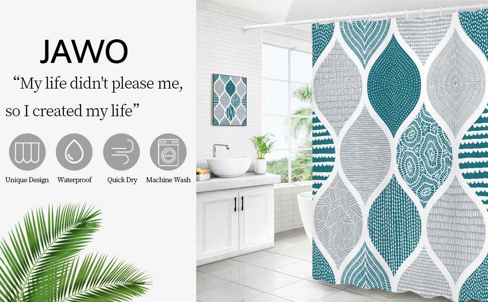 JAWO Teal and Grey Bohemian Shower Curtain for Bathroom