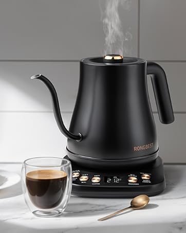 Gooseneck kettle with fine flow control and accurate heating technology