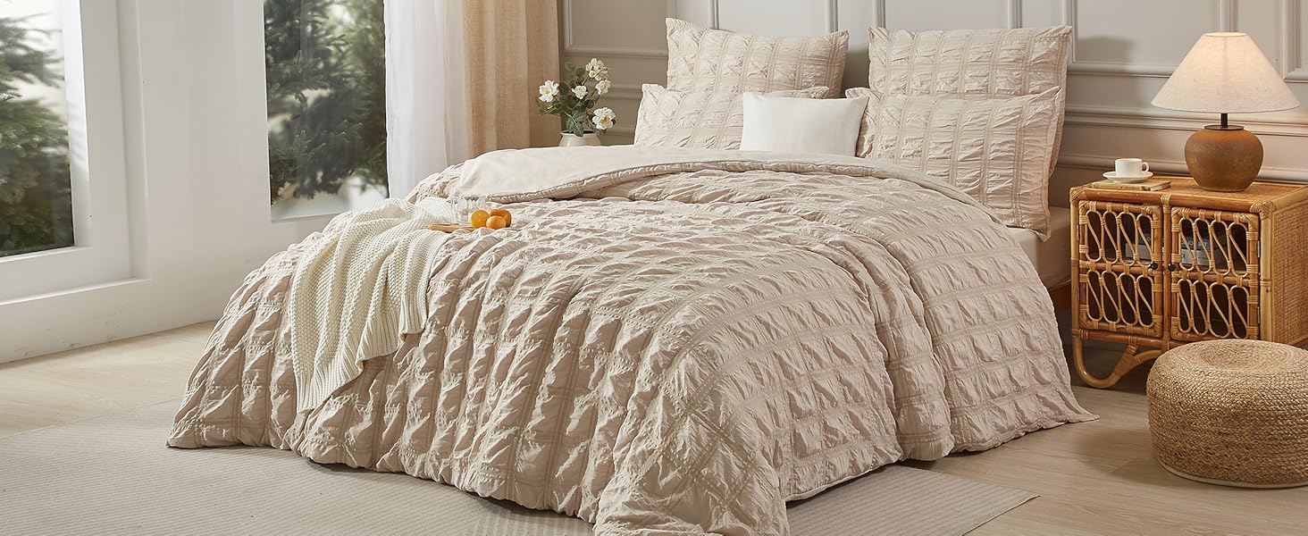 Luofanfei Seersucker Sommer Bettwäsche 135x200 Kühlende beige khaki Gestreiftes Karierte uni