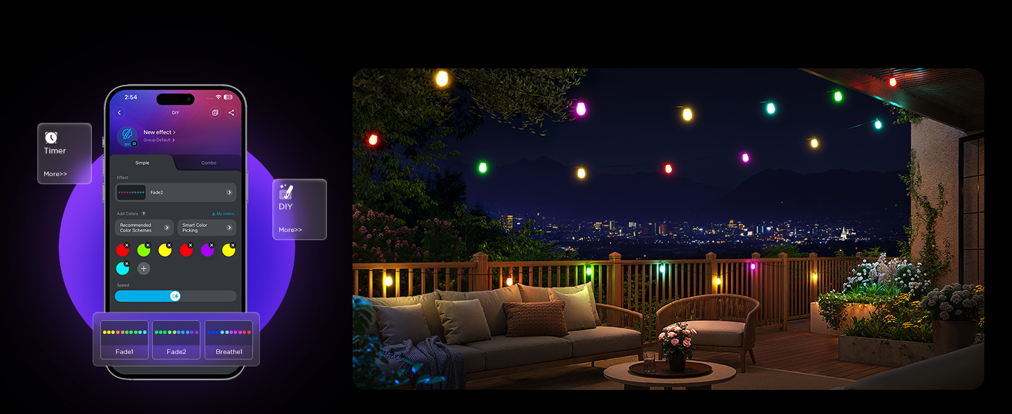 Text reads 'Smart Home'. Split image: Left shows smartphone with colorful app interface. Right displays rooftop terrace with string lights, city view, and outdoor furniture.
