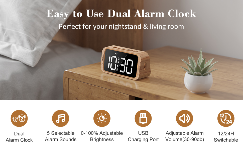 Odokee Digital Dual Alarm Clock for Bedroom, 0100 Dimmer, Weekday