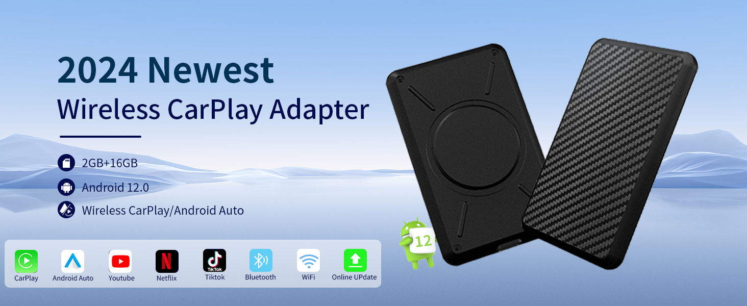 4 in 1 Wireless CarPlay Adapter with Netflix/YouTube/Tiktok