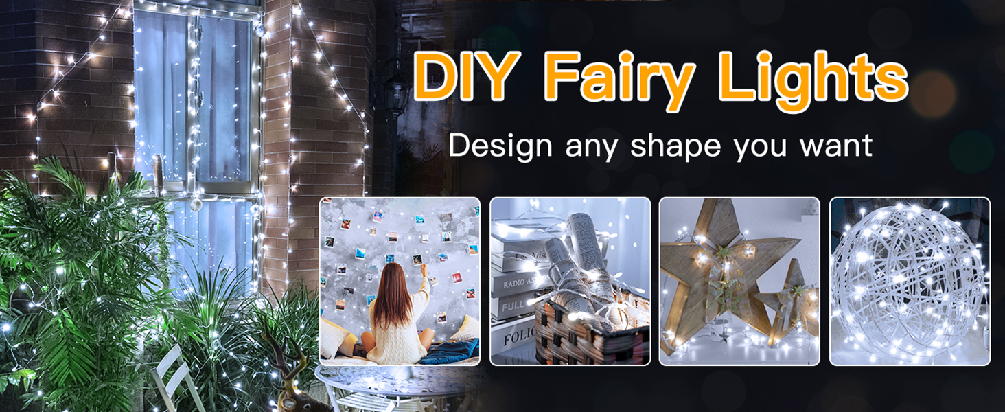 DIY Fairy Lights product image showing various light arrangements. Text reads 'DIY Fairy Lights' and 'Design any shape you want'.