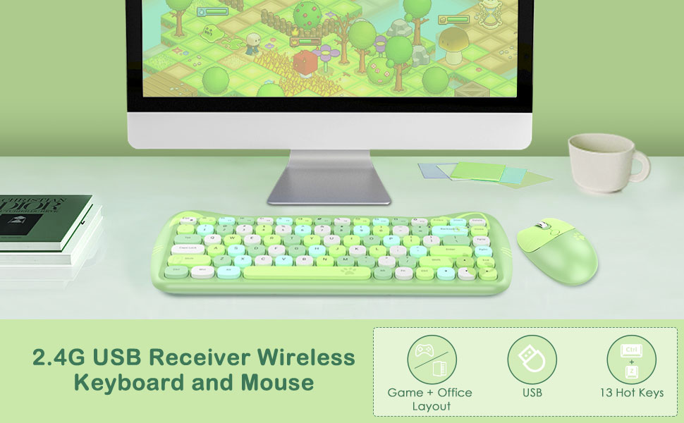 Wireless Keyboard Mouse Combo,2.4GHz Wireless Retro Cute Cat Keyboard
